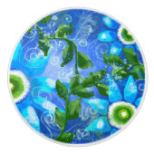 ティール（緑がかった色）お洒落ブルーグリーンフローラ花花 セラミックノブ (正面)