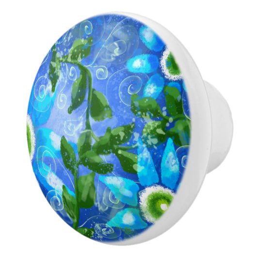 ティール（緑がかった色）お洒落ブルーグリーンフローラ花花 セラミックノブ (右)