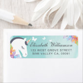 ティール(緑がかった色)お洒落マジカルユニコーンバタフライ&花模様 ラベル (インサイチュ)