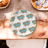 ティール(緑がかった色)かぼちゃ秋フローラルパターン ペーパープレート