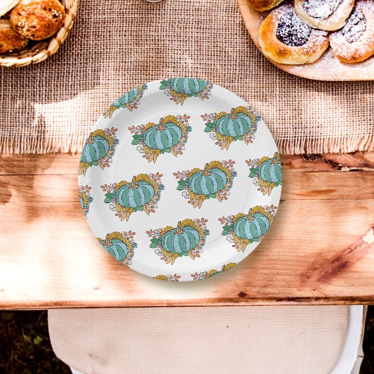 ティール(緑がかった色)かぼちゃ秋フローラルパターン ペーパープレート