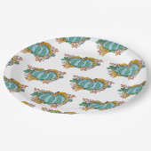 ティール(緑がかった色)かぼちゃ秋フローラルパターン ペーパープレート (アングル)