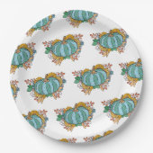 ティール(緑がかった色)かぼちゃ秋フローラルパターン ペーパープレート (正面)