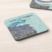 ティール(緑がかった色)かわいいクジャックオンアクアまたは任意の色の木目 コースター (左側)