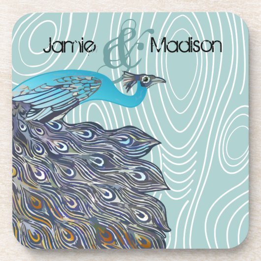 ティール（緑がかった色）かわいいクジャックオンアクアまたは任意の色の木目 コースター (正面)