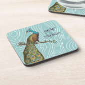 ティール(緑がかった色)かわいいクジャックオンアクアまたは任意の色の木目 コースター (左側)