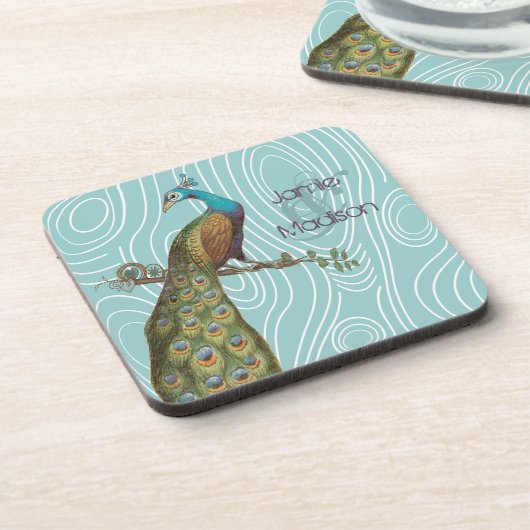 ティール（緑がかった色）かわいいクジャックオンアクアまたは任意の色の木目 コースター (左側)