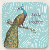 ティール(緑がかった色)かわいいクジャックオンアクアまたは任意の色の木目 コースター (正面)