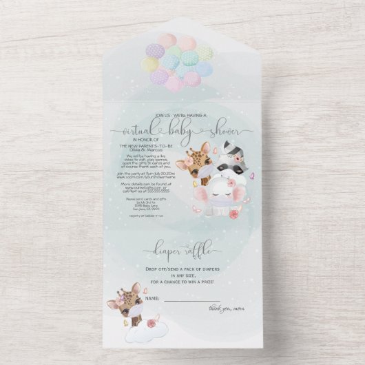 ティール(緑がかった色)かわいい動物のマスク仮想ベビーシャワー オールインワン招待状 (内側)