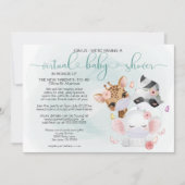 ティール（緑がかった色）かわいい動物のマスク仮想ベビーシャワー 招待状 (正面)