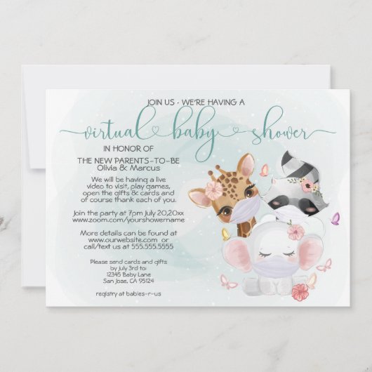 ティール（緑がかった色）かわいい動物のマスク仮想ベビーシャワー 招待状 (正面)