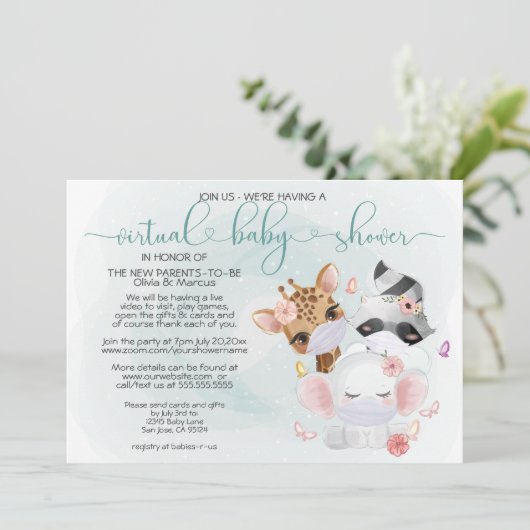 ティール（緑がかった色）かわいい動物のマスク仮想ベビーシャワー 招待状 (スタンド正面)