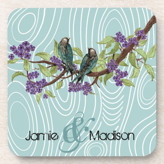 ティール(緑がかった色)かわいい愛鳥が木に座る|過去記事 コースター (正面)