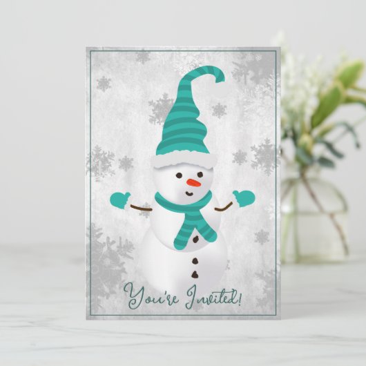 ティール(緑がかった色)かわいい雪だるまクリスマスパーティの招待状 招待状 (スタンド正面)