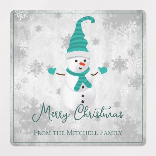 ティール(緑がかった色)かわいい雪だるまホリデーベーキングラベル ラベル (デザイン1)