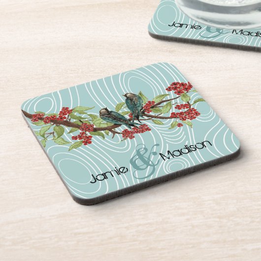 ティール(緑がかった色)かわいい鳥の木に座って赤いさくらんぼ花 コースター (左側)