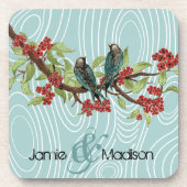 ティール（緑がかった色）かわいい鳥の木に座って赤いさくらんぼ花 コースター (正面)