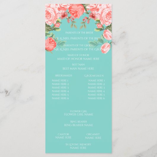 ティール(緑がかった色)かわいらしとサンゴフローラデザイン – プログラム (裏面)