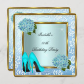 ティール（緑がかった色）かわいらしアジサイフローラハイヒール誕生日 招待状 (正面/裏面)