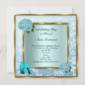 ティール（緑がかった色）かわいらしアジサイフローラハイヒール誕生日 招待状 (裏面)