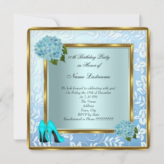 ティール（緑がかった色）かわいらしアジサイフローラハイヒール誕生日 招待状 (裏面)