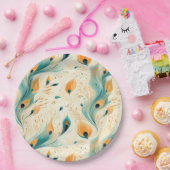 ティール（緑がかった色）かわいらしオレンジクリームピーコック ペーパープレート (パーティー)