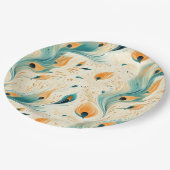 ティール（緑がかった色）かわいらしオレンジクリームピーコック ペーパープレート (アングル)