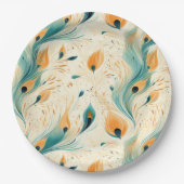 ティール（緑がかった色）かわいらしオレンジクリームピーコック ペーパープレート (正面)