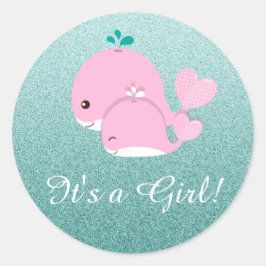 ティール(緑がかった色)かわいらしグリッターIts a Girl Baby Showerシール ラウンドシール