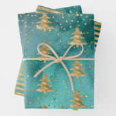 ティール（緑がかった色）かわいらしグリーンウォーター色金ゴールドクリスマスツリー ラッピングペーパーシート (インサイチュ)