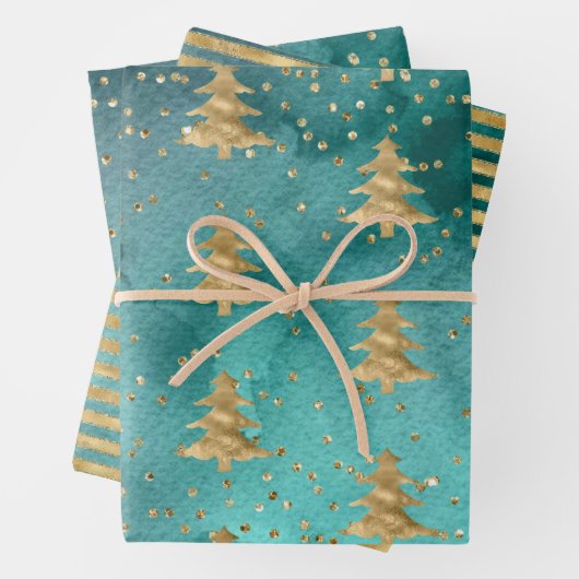 ティール（緑がかった色）かわいらしグリーンウォーター色金ゴールドクリスマスツリー ラッピングペーパーシート (インサイチュ)
