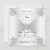 ティール(緑がかった色)かわいらしスノーフレークスウィンターワンダーランドパーティー 招待状 (裏面)