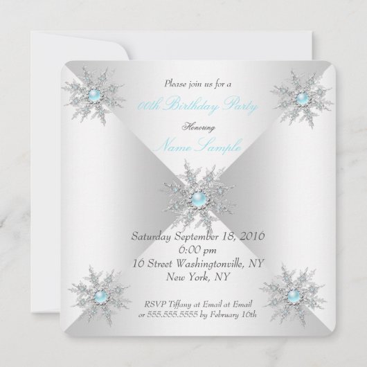 ティール（緑がかった色）かわいらしスノーフレークスウィンターワンダーランドパーティー 招待状 (裏面)