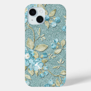 ティール(緑がかった色)かわいらしターコイズフローラルパターン水彩色 iPhone 15ケース