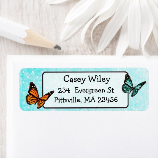 ティール(緑がかった色)かわいらしバタフライ差出人住所ラベル ラベル (インサイチュ)