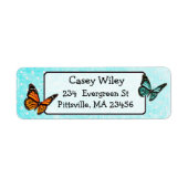 ティール(緑がかった色)かわいらしバタフライ差出人住所ラベル ラベル (正面)