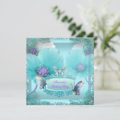 ティール(緑がかった色)かわいらしパープルバタフライレース誕生日パーティー 招待状 (スタンド正面)