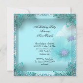 ティール(緑がかった色)かわいらしパープルバタフライレース誕生日パーティー 招待状 (裏面)