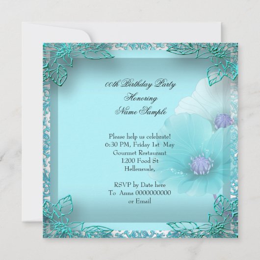 ティール（緑がかった色）かわいらしパープルバタフライレース誕生日パーティー 招待状 (裏面)