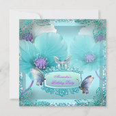 ティール(緑がかった色)かわいらしパープルバタフライレース誕生日パーティー 招待状 (正面)