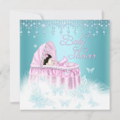 ティール(緑がかった色)かわいらしピンクスパークルバタフライベビーシャワー 招待状 (正面)