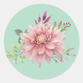 ティール（緑がかった色）&かわいらしピンクパステルウォーターカラーフローラ ラウンドシール (正面)
