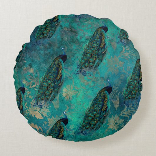 ティール(緑がかった色)かわいらしピーコック ラウンドクッション (正面)