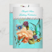 ティール（緑がかった色）かわいらしピーチバラバタフライバースデーパーティー 招待状 (正面/裏面)