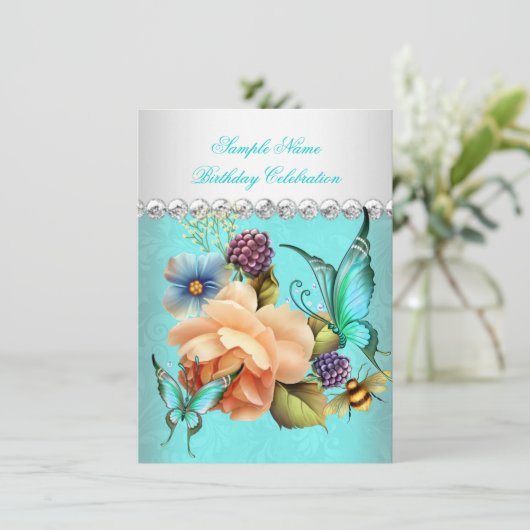 ティール(緑がかった色)かわいらしピーチバラバタフライバースデーパーティー 招待状 (スタンド正面)