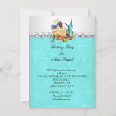 ティール（緑がかった色）かわいらしピーチバラバタフライバースデーパーティー 招待状 (裏面)