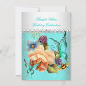 ティール(緑がかった色)かわいらしピーチバラバタフライバースデーパーティー 招待状 (正面)