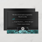 ティール（緑がかった色）かわいらしフローラとボウRSVP 出欠カード (正面/裏面)