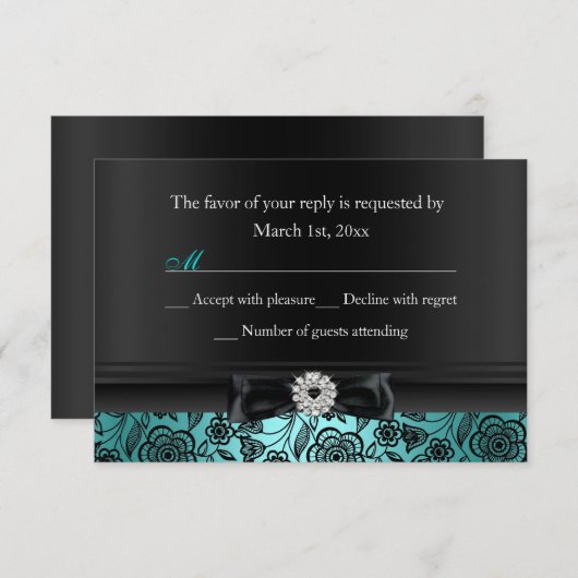 ティール（緑がかった色）かわいらしフローラとボウRSVP 出欠カード (正面/裏面)