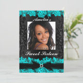 ティール（緑がかった色）&かわいらしブラックレースフォトスイート16招待状 招待状 (スタンド正面)